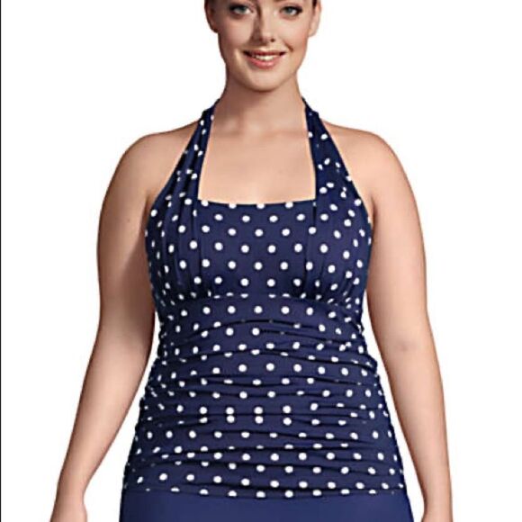 New Land’s End Plus Regular size square neck tankini halter polkadot navy Var - Picture 3 of 3